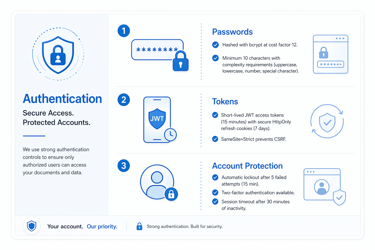 Bcrypt password hashing at cost factor 12 with minimum 10 character complexity, short-lived JWT access tokens with 15 minute expiry and HttpOnly refresh cookies, automatic account lockout after 5 failed attempts and two-factor authentication support
