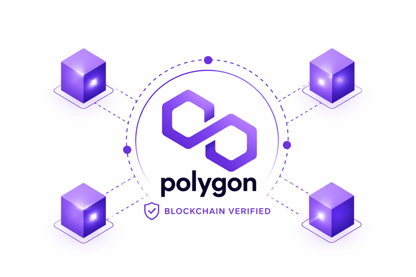 Polygon blockchain network diagram showing decentralized nodes verifying Zdottedline document signatures with blockchain verified badge