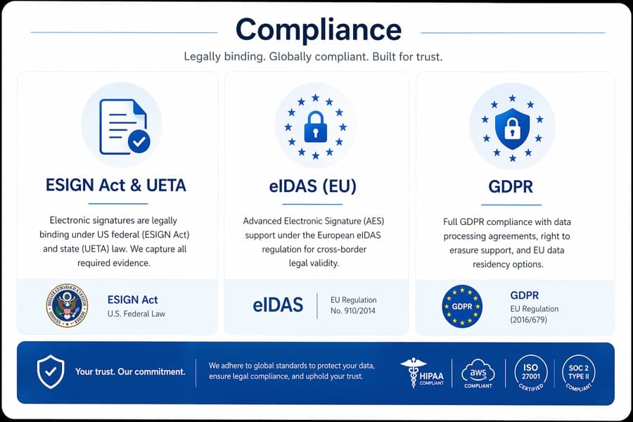 Global compliance coverage including ESIGN Act, UETA, eIDAS Advanced Electronic Signatures, and GDPR data protection